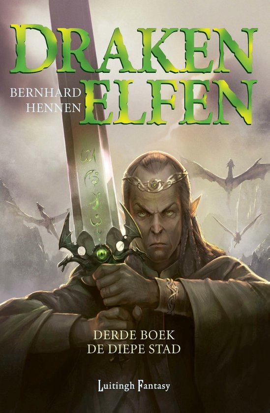 Drakenelfen, derde boek. Een elf met een kroon en lange grijze haren, met een zwaard voor zich. Op de achtergrond vliegen draken.