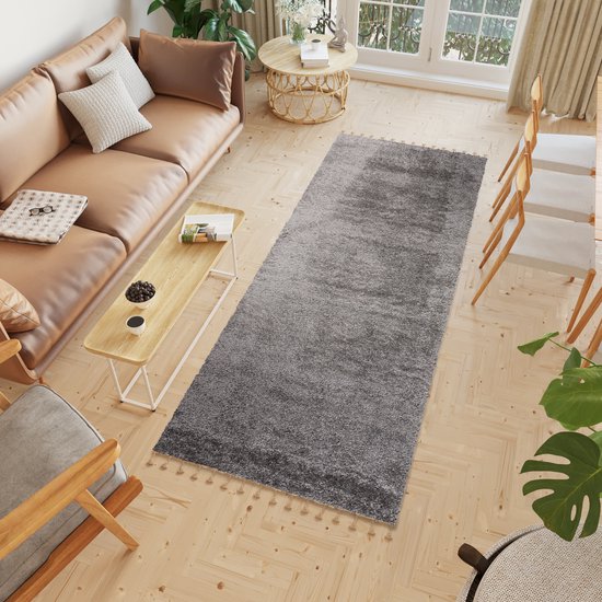 Tapiso Versay Franges Tapis De Chemin Grijs Foncé Shaggy Salon Chambre Couloir Taille - 70x250