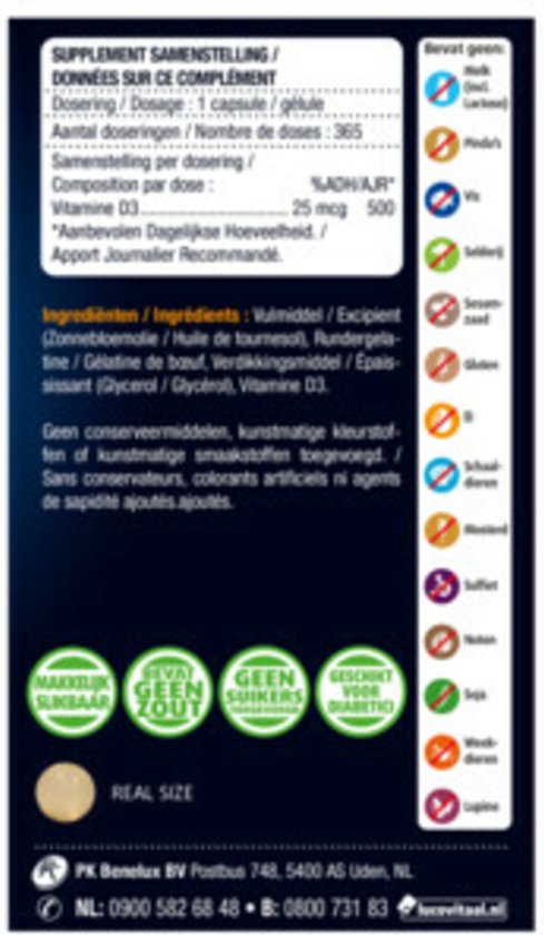 Achterkant van de verpakking van Lucovitaal Vitamine D3 capsules, met ingrediënten, allergenen en instructies.