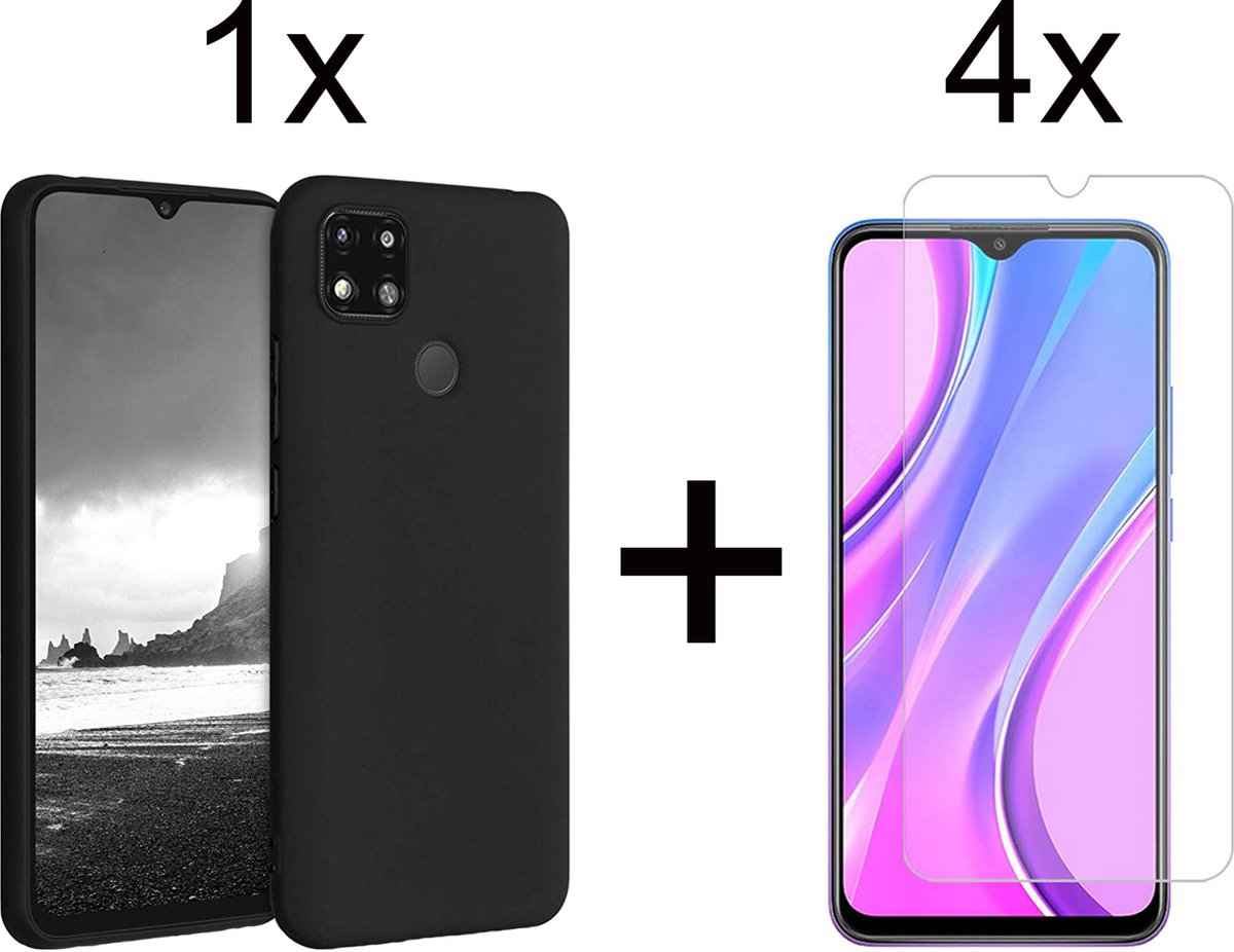 Xiaomi Redmi 9C hoesje zwart siliconen case hoes cover hoesjes - 4x Xiaomi Redmi 9C screenprotector