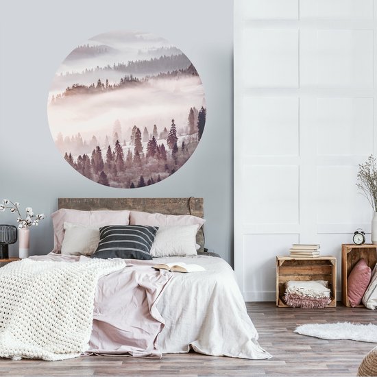 Tizato - Wall Circle Forêt dans la Brume - Rose - Sticker Mural Cercle Muursticker Autocollant - Ø 91 cm