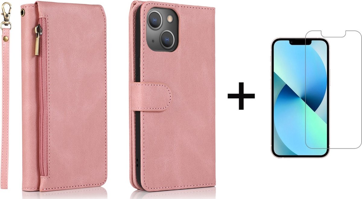 Book Case Apple iPhone 13 Mini | Hoogwaardig PU Leren Telefoonhoesje | Pasjeshouder | Roze + 1x Screenprotector