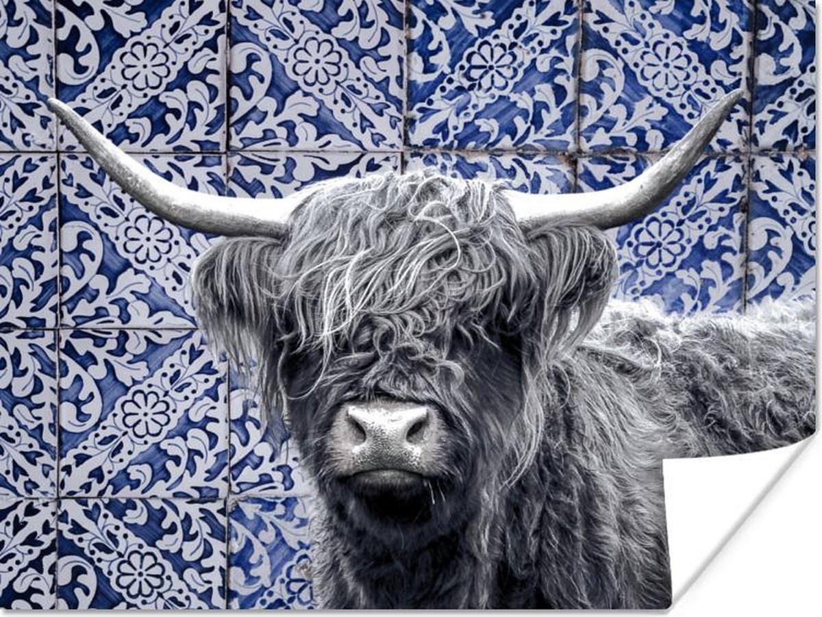 Poster Delfts blauw - Schotse hooglander - Zwart - Wit - 80x60 cm - PosterMonkey