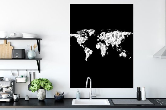 Décoration murale - Carte du Wereldkaart - Plantes - Zwart - 90x120 cm - Affiche