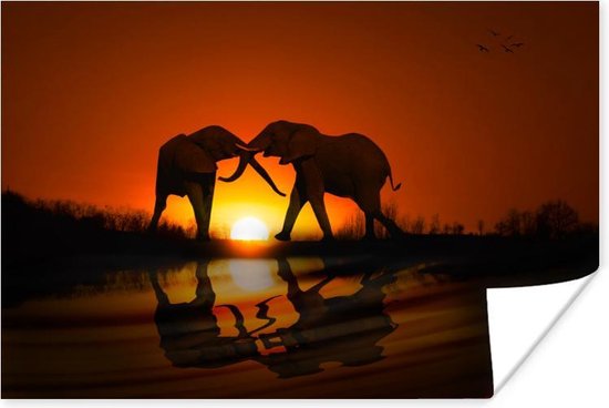 Poster Olifanten koppel bij zonsondergang - 30x20 cm