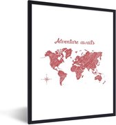 Affiche avec cadre Carte du Wereldkaart - Citations - Rouge - 30x40 cm