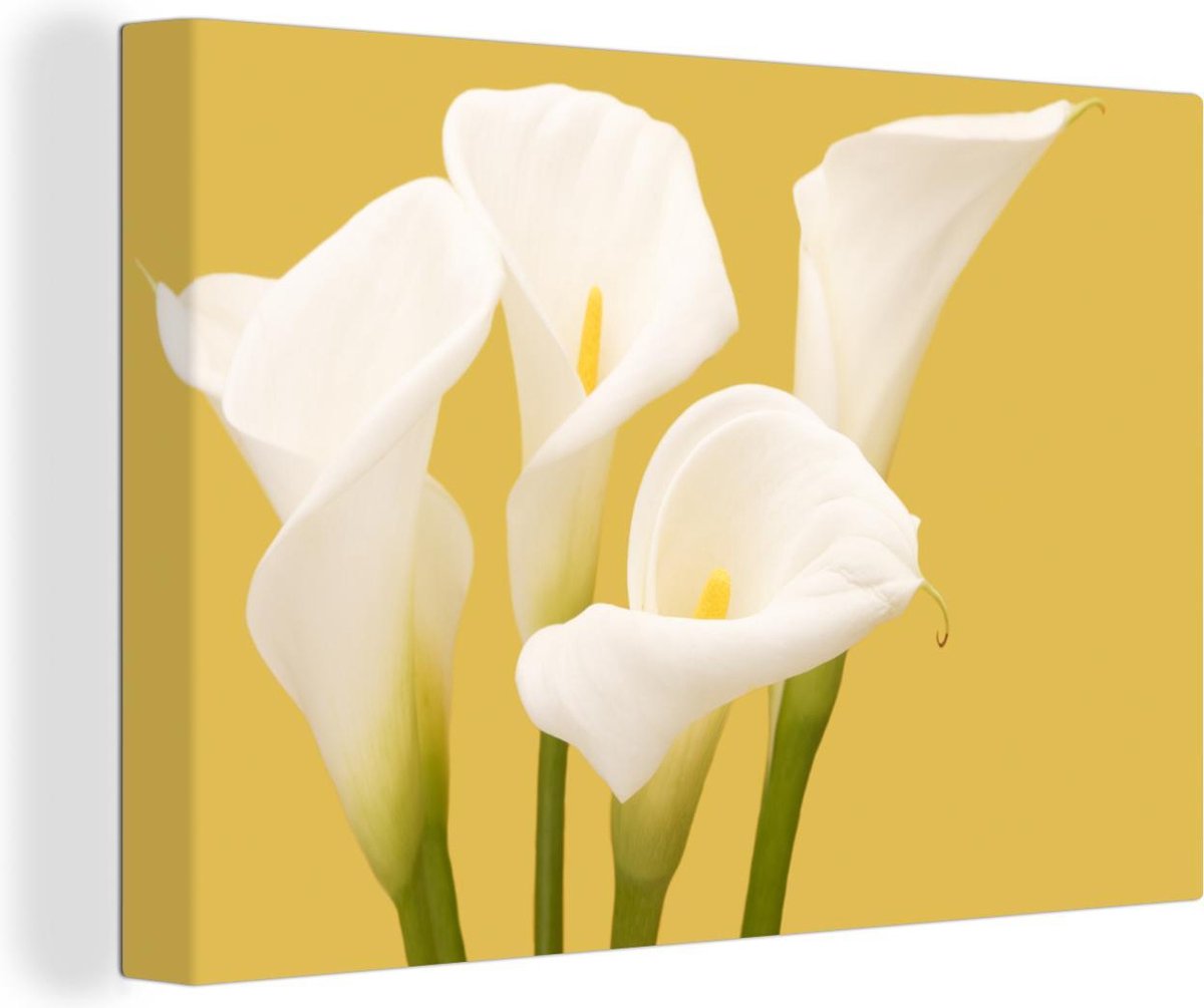 Fleurs de Calla sur fond jaune Toile 140x90 cm - Tirage photo sur toile  (Décoration... | bol.com