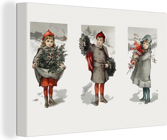 Canvas Schilderij Kerst - Sneeuw - Kinderen - 60x40 cm - Wanddecoratie