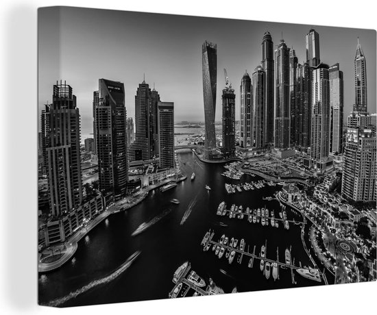 Canvas schilderij 140x90 cm - Wanddecoratie Zwart - Wit - Dubai - Boot - Muurdecoratie woonkamer - Slaapkamer decoratie - Kamer accessoires - Schilderijen