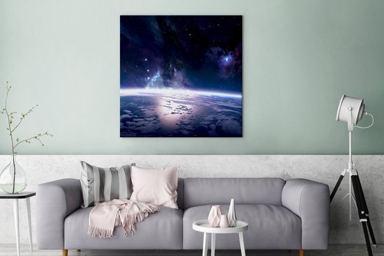 Toile Peinture Terre - Etoiles - Espace - 90x90 cm - Décoration murale