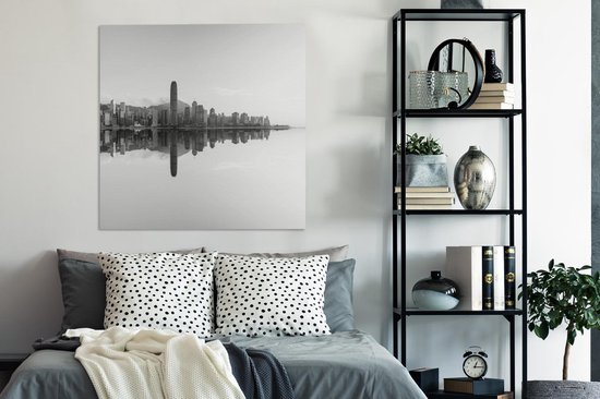 Tableau sur toile Hong Kong - Mer - Zwart - Wit - 90x90 cm - Décoration murale
