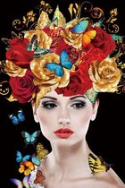 Glasschilderij Vrouw met Vlinders / Bloemen - Gezicht - 80x120 - Wit, Rood, Geel - Zwarte Achtergrond