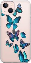 iPhone 13 hoesje siliconen - Vlinders blauw - Soft Case Telefoonhoesje - Print / Illustratie - Transparant, Transparant, Blauw
