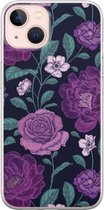 iPhone 13 hoesje siliconen - Bloemen paars - Soft Case Telefoonhoesje - Bloemen - Transparant, Paars