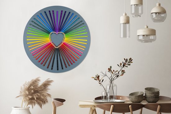 WallCircle - Wall Circle - Wall Circle Indoor - Coeur - Crayons - Arc-en-ciel - Abstrait - 120x120 cm - Décoration murale - Peintures Ronds XXL