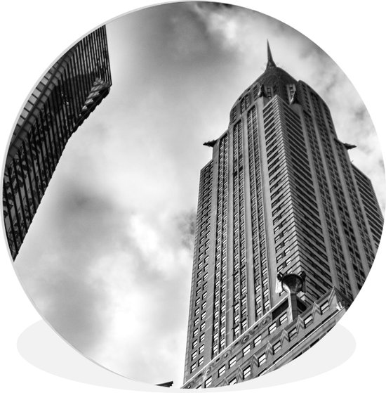 WallCircle - Wandcirkel ⌀ 30 - Chrysler Gebouw in New York vanaf de onderkant gemaakt in zwart-wit - Ronde schilderijen woonkamer - Wandbord rond - Muurdecoratie cirkel - Kamer decoratie binnen - Wanddecoratie muurcirkel - Woonaccessoires