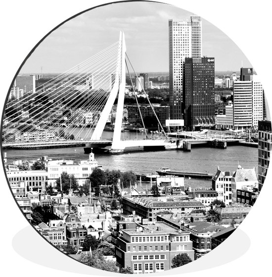 WallCircle - Wandcirkel - Muurcirkel - Rotterdam - Skyline - Zwart - Wit - Aluminium - Dibond - ⌀ 90 cm - Binnen en Buiten