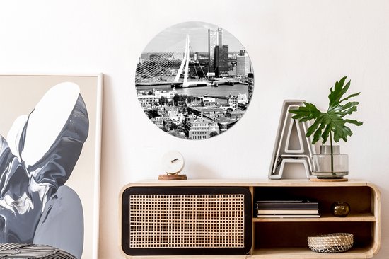 Cercle mural - Cercle mural - Rotterdam - Skyline - Zwart - Wit - Aluminium - Dibond - ⌀ 60 cm - Intérieur et Extérieur