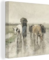 Canvas Schilderij Een boerin met koeien op een landweg in de regen - Schilderij van Anton Mauve - 20x20 cm - Wanddecoratie