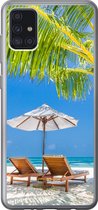 Geschikt voor Samsung Galaxy A52 5G hoesje - Palmboom - Strandstoel - Parasol - Siliconen Telefoonhoesje