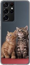 Geschikt voor Samsung Galaxy S21 Ultra hoesje - Kittens - Blauw - Roze - Meisjes - Kinderen - Jongens - Kind - Siliconen Telefoonhoesje