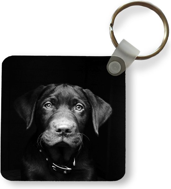 Sleutelhanger - Uitdeelcadeautjes - Close-up labrador puppy tegen zwarte achtergrond in zwart-wit - Plastic