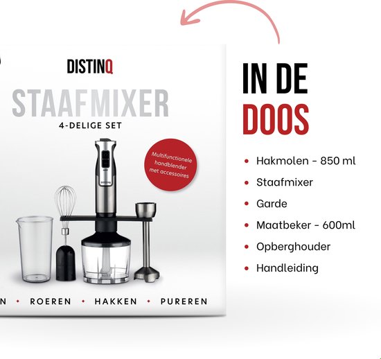 DistinQ Staafmixer Set - 4-delig - 800 Watt - Hakmolen - Staafmixer - Garde & Maatbeker van DistinQ — afbeelding 5
