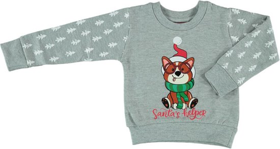 Grijze kersttrui met een schattige corgi met kerstmuts en bril. "Santa's helper" tekst op de voorkant. Overal kleine kerstboompjes.
