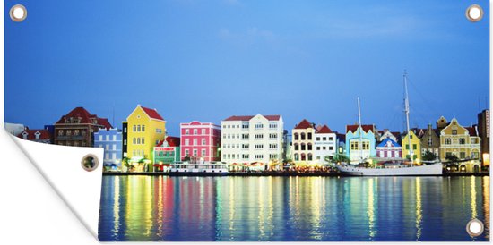 Tuinposter Skyline - Willemstad - Curaçao - 80x40 cm - Wanddecoratie Buiten - Tuinposter - Tuindoek - Schuttingposter - Tuinschilderij