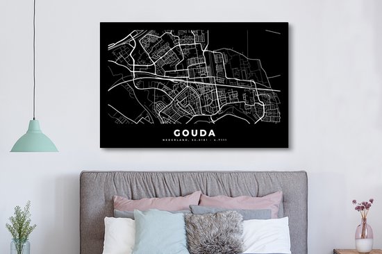 Toile Peinture Carte - Gouda - Zwart - 180x120 cm - Décoration murale XXL