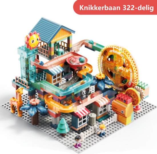 Thumbnail van een extra afbeelding van het spel Knikkerbaan 322 delig met Eektronische Motor en Bouwplaat- Zonstad - Mijn Eerste Knikkerbaan Creaties - Baanelementenset - Bouwblokken Voordeelverpakking - Bouwstenen compatibel met Duplo - Grote Bouwstenen