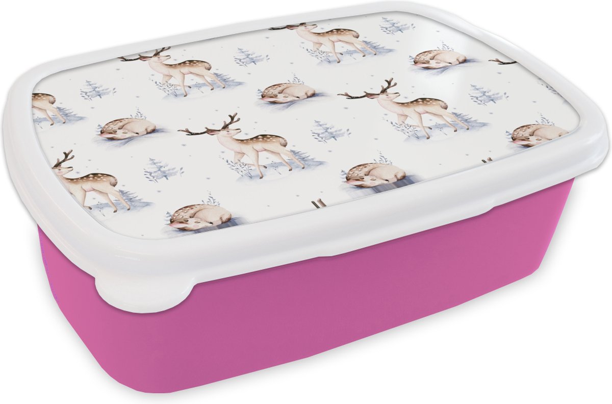 Broodtrommel Roze - Lunchbox - Brooddoos - Winter - Sneeuw - Herten - 18x12x6 cm - Kinderen - Meisje
