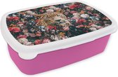 Broodtrommel Roze - Lunchbox - Brooddoos - Luipaard - Bloemen - Dieren - 18x12x6 cm - Kinderen - Meisje