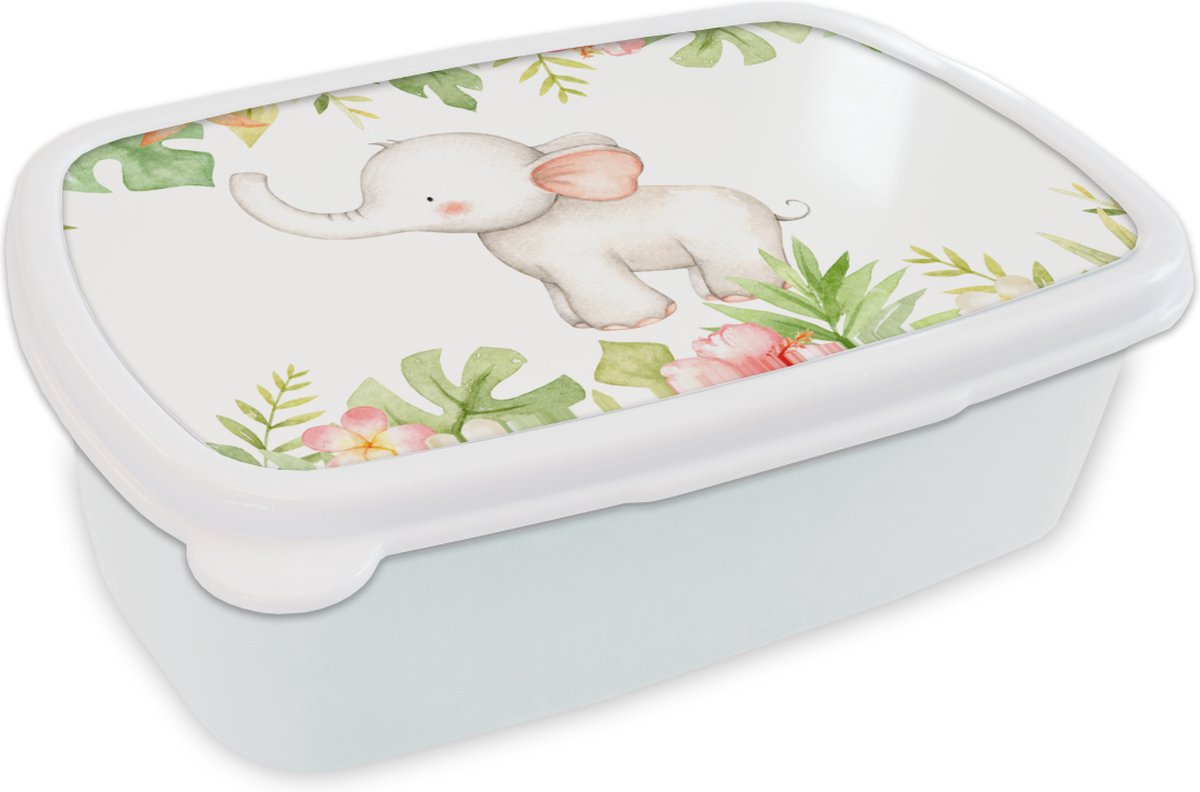 Broodtrommel Wit - Lunchbox - Brooddoos - Olifant - Jungle - Aquarelverf - 18x12x6 cm - Volwassenen