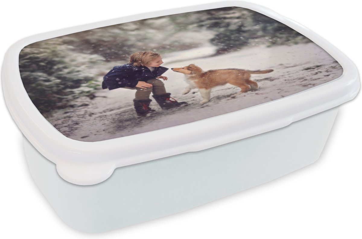 Broodtrommel Wit - Lunchbox - Brooddoos - Meisje - Hond - Sneeuw - Winter - 18x12x6 cm - Volwassenen