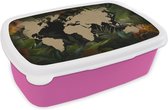 Broodtrommel Roze - Lunchbox - Brooddoos - Wereldkaart - Planten - Bladeren - 18x12x6 cm - Kinderen - Meisje