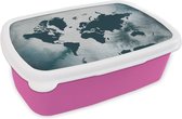 Broodtrommel Roze - Lunchbox - Brooddoos - Wereldkaart - Kleur - Waterverf - 18x12x6 cm - Kinderen - Meisje