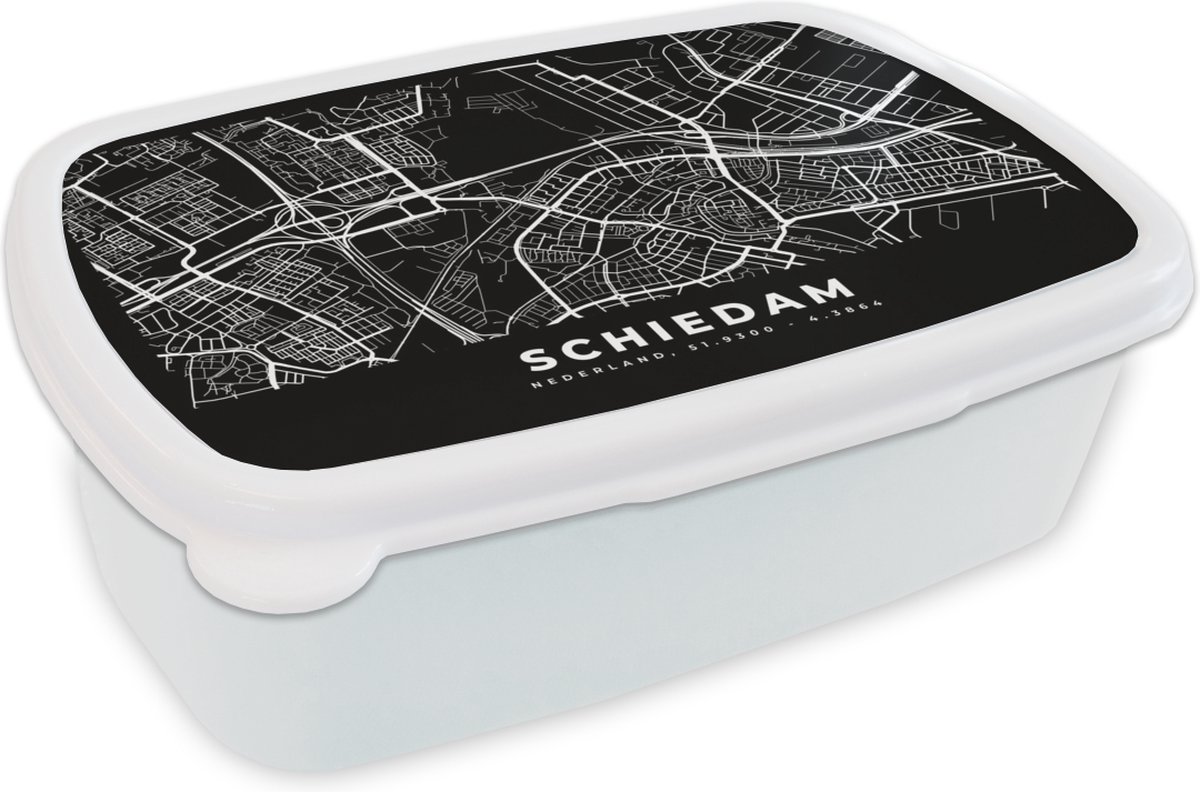 Broodtrommel Wit - Lunchbox - Brooddoos - Kaart - Schiedam - Zwart - 18x12x6 cm - Volwassenen
