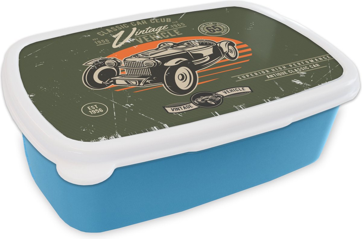 Broodtrommel Blauw - Lunchbox - Brooddoos - Vintage - Oldtimer - Auto - 18x12x6 cm - Kinderen - Jongen