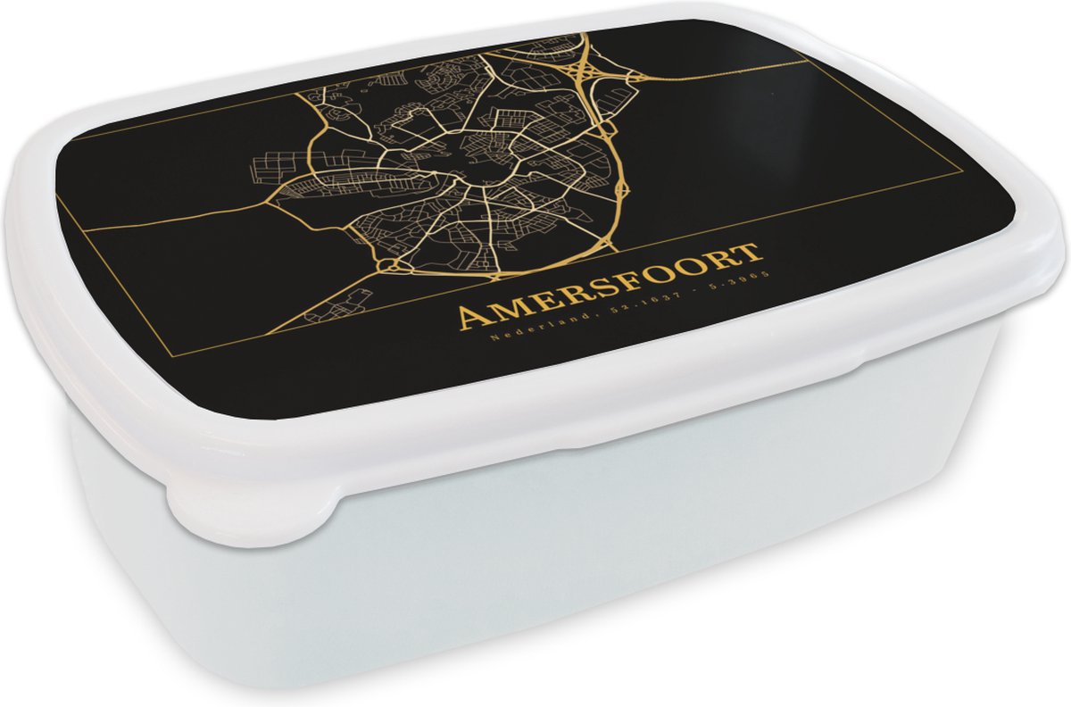 Broodtrommel Wit - Lunchbox - Brooddoos - Kaart - Amersfoort - Goud - Zwart - 18x12x6 cm - Volwassenen