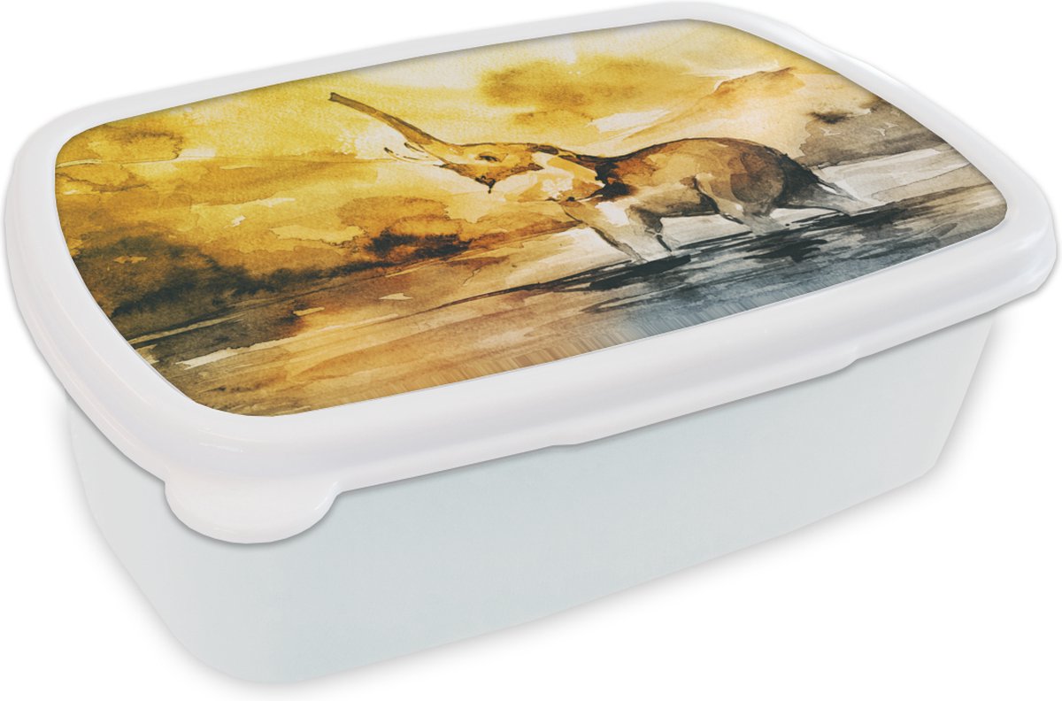 Broodtrommel Wit - Lunchbox - Brooddoos - Olifant - Aquarelverf - Water - 18x12x6 cm - Volwassenen