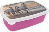 Broodtrommel Roze - Lunchbox Paarden - Zon - Strand - Zee - Brooddoos 18x12x6 cm - Brood lunch box - Broodtrommels voor kinderen en volwassenen