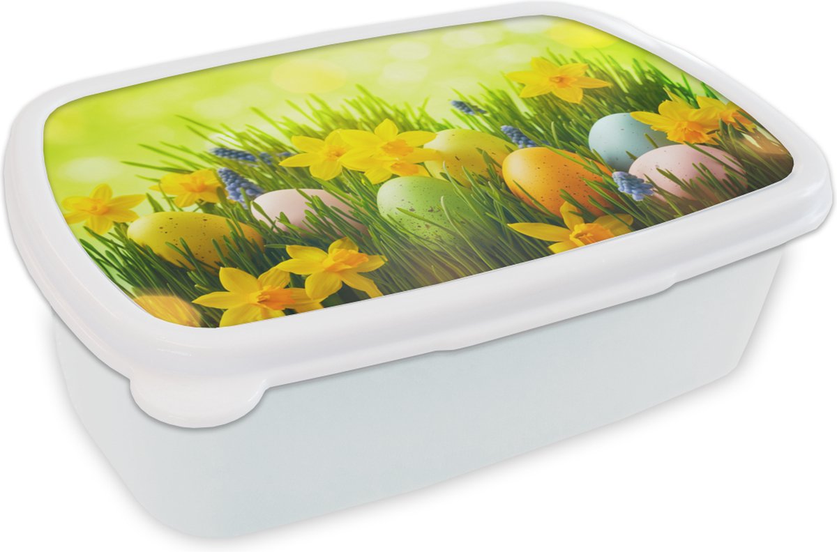 Broodtrommel Wit - Lunchbox - Brooddoos - Paaseitjes - Lente - Narcis - 18x12x6 cm - Volwassenen