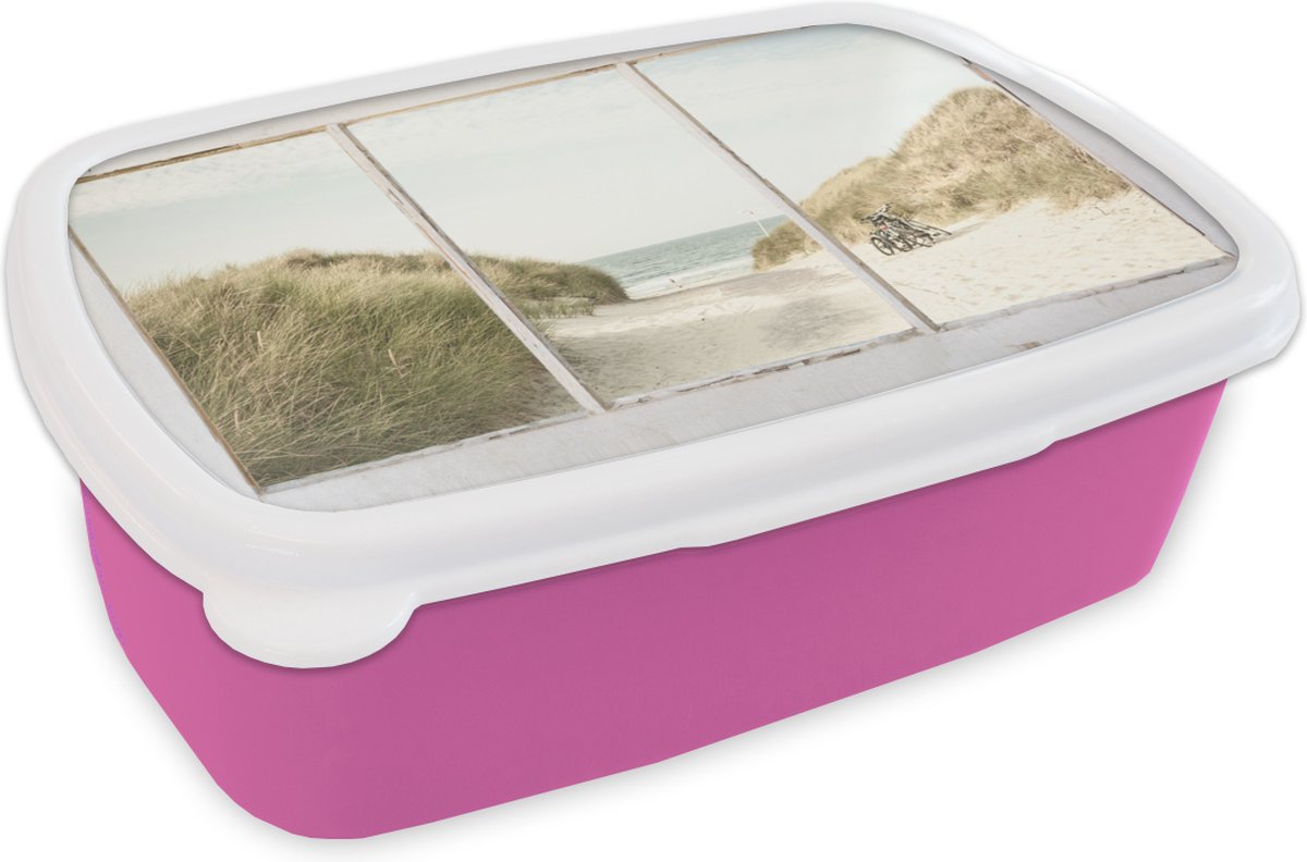 Broodtrommel Roze - Lunchbox - Brooddoos - Doorkijk - Strand - Zee - 18x12x6 cm - Kinderen - Meisje