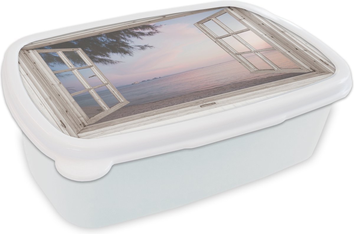 Broodtrommel Wit - Lunchbox - Brooddoos - Doorkijk - Strand - Palmboom - 18x12x6 cm - Volwassenen