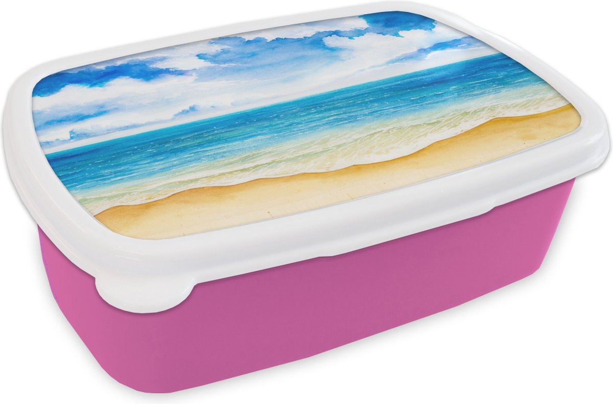 Broodtrommel Roze - Lunchbox - Brooddoos - Strand - Zee - Lucht - 18x12x6 cm - Kinderen - Meisje