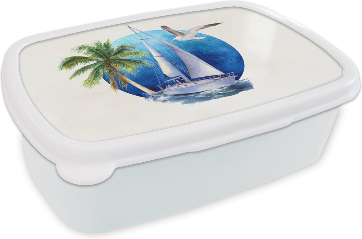 Broodtrommel Wit - Lunchbox - Brooddoos - Zeilboot - Palmboom - Vogel - Zee - 18x12x6 cm - Volwassenen