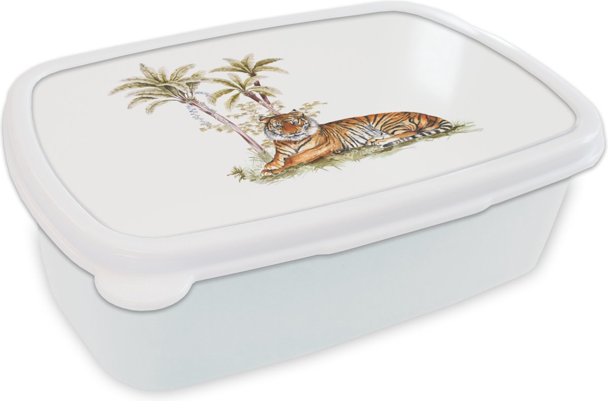 Broodtrommel Wit - Lunchbox - Brooddoos - Tijger - Bos - Schilderij - 18x12x6 cm - Volwassenen
