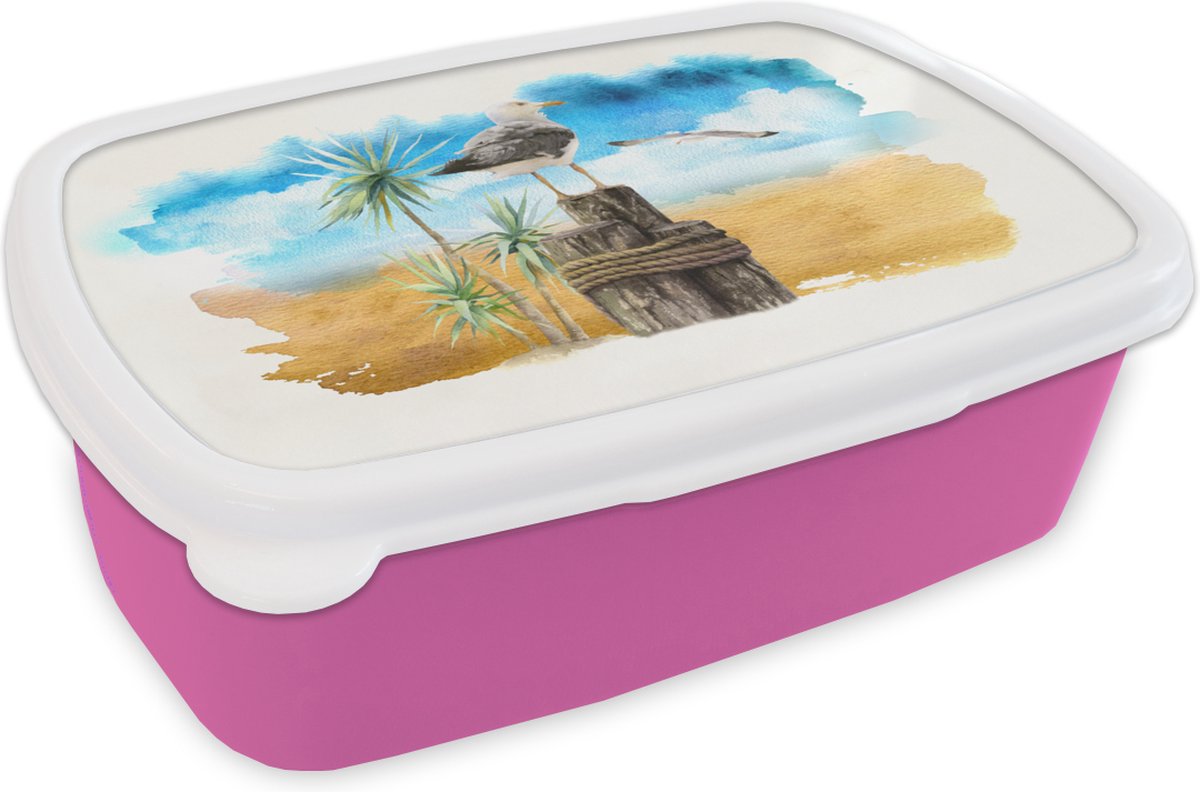 Broodtrommel Roze - Lunchbox - Brooddoos - Vogel - Paal - Strand - 18x12x6 cm - Kinderen - Meisje