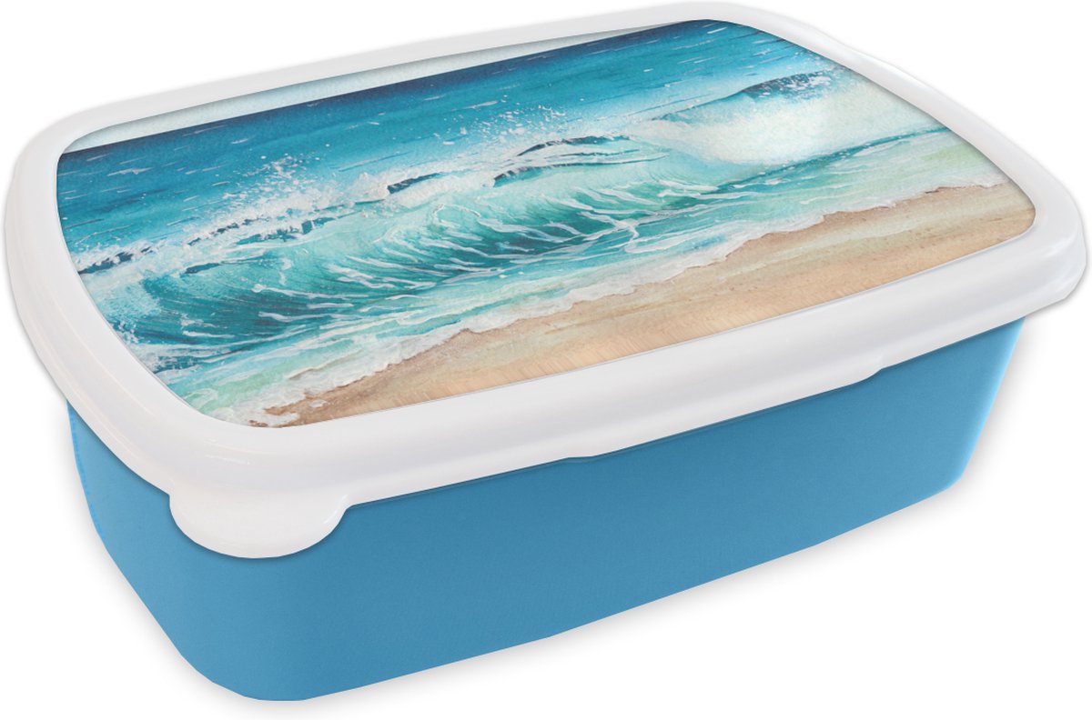 Broodtrommel Blauw - Lunchbox - Brooddoos - Golf - Strand - Waterverf - 18x12x6 cm - Kinderen - Jongen